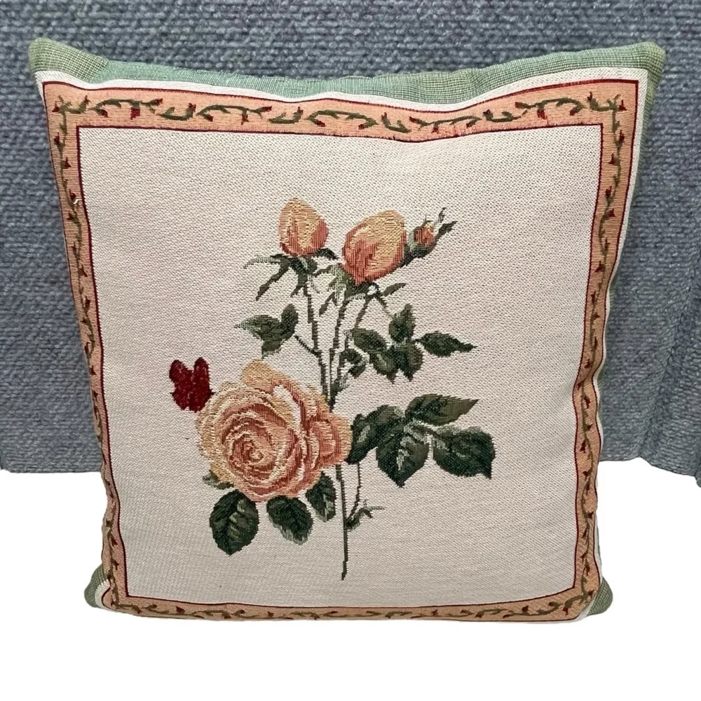 Pair of Vintage Rose Double-Sided Tapestry Pillows 13” x 13.5”